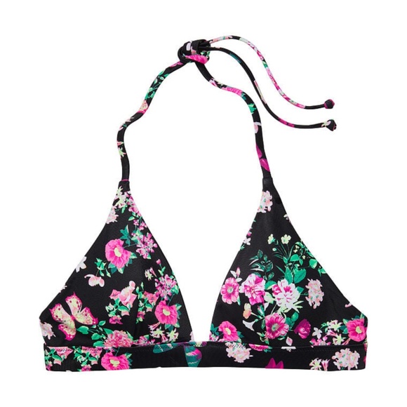 VICTORIA'S SECRET SWIM Essential Halter Bikini Top In Black Floral - Picture 1 of 3